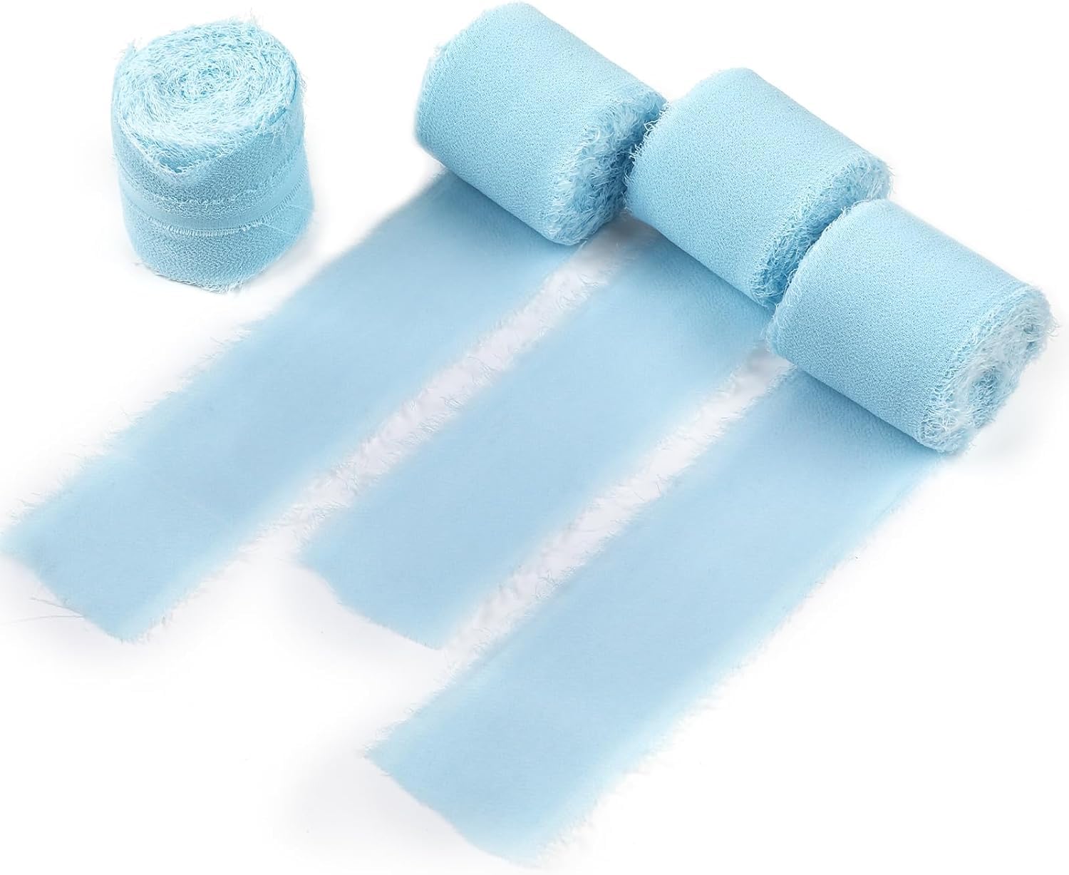 4 Rolls Chiffon Silk Ribbon Fringe Fabric - Light Blue Satin Cloth for Gift Wrapping, Crafts, Flower Bouquets, Home DIY Decor (Baby Blue, One Size)