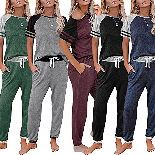 Image of PRETTYGARDEN Women's Two Piece Outfits Striped Short Sleeve Pullover and Long Pants Tracksuit Pajama Lounge Jogger Sets