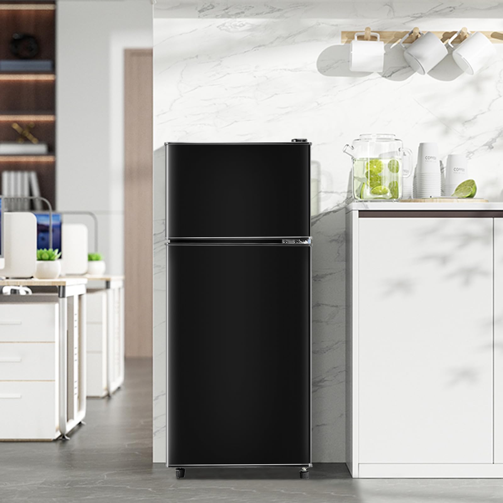 Drixno Mini Fridge With Freezer Black 4.0 Cu.Ft Apartment Size Refrigerator Compact Small For Bedroom, Office, Dorm, RV, With Adjustable Mechanical Thermostat Double-Door Design on Fridge.com - View 4