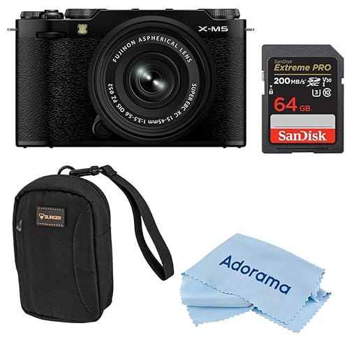 Fujifilm X-M5 Mirrorless Camera with XC 15-45mm f/3.5-5.6 OIS PZ Lens, Black, Bundle with 64GB Memory Card, Camera Case