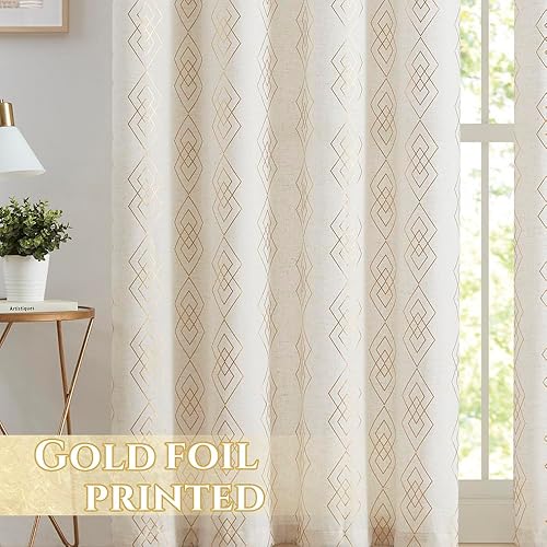 Miniatura 6 de ugoutry Panel texturizado de lino dorado para dormitorio, cortinas bohemias geométricas metálicas para sala de estar, 84 pulgadas de largo, cortinas