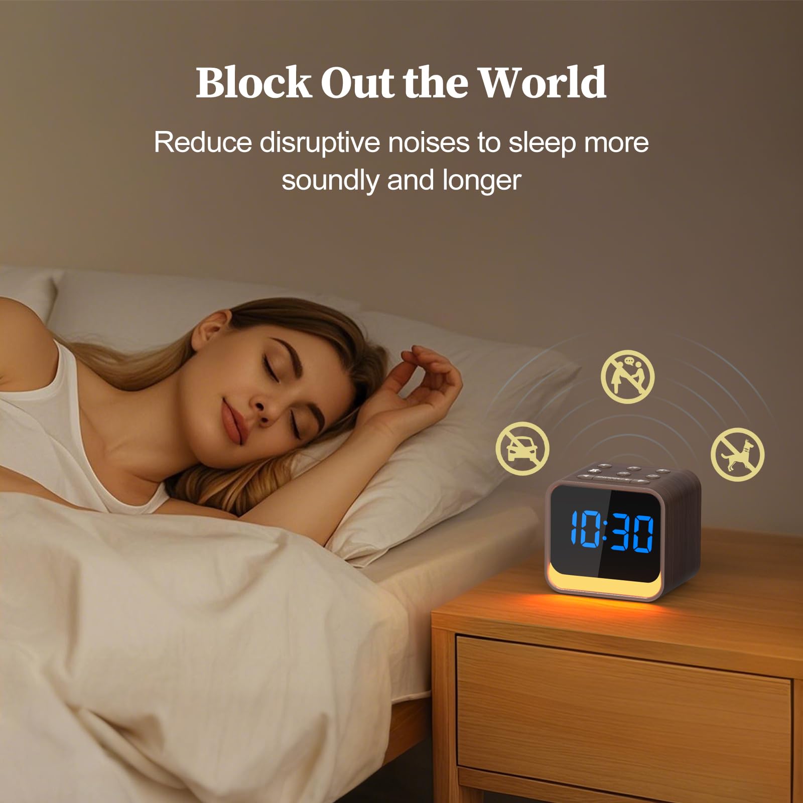 Housbay Holz Sound Machine Wecker für Schlafzimmer - Sanftes Aufwachen mit Vogelgezwitscher, weißes Rauschen zum Schlafen, kleine Digitaluhr für telefonfreie Routine - Walnussholz