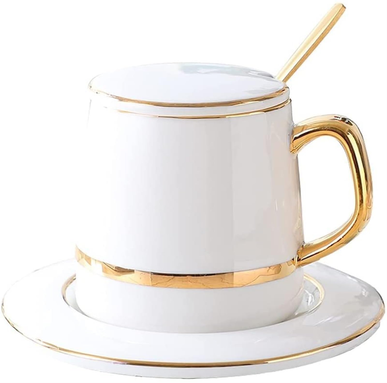 Juego de Tazas de té de Estilo Europeo, Taza de café con platillo, cucharillas, Taza de Porcelana con Tapa, Taza de café, té y platillo (Blanco)