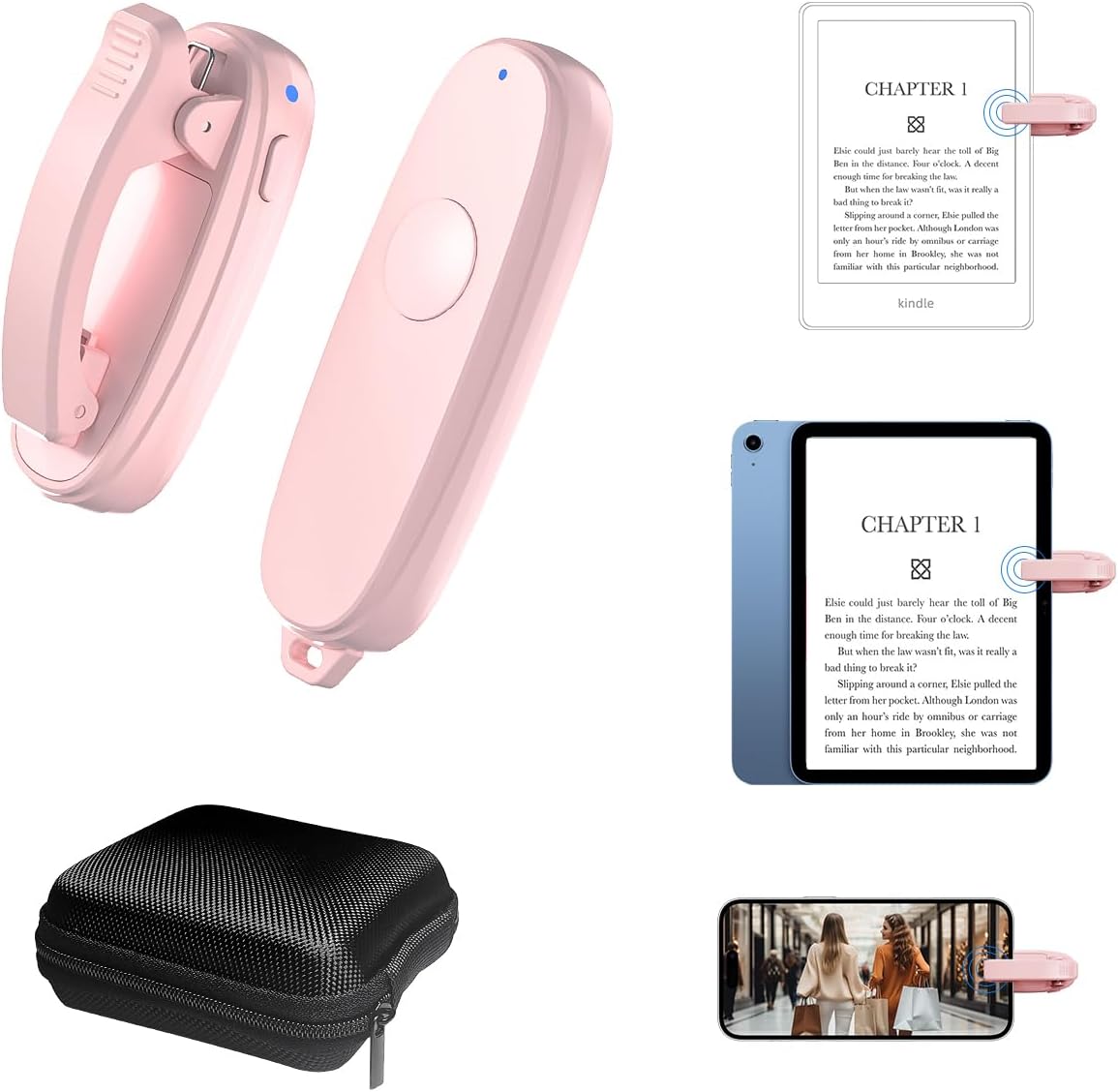 Kindle Remote Page Turner, Clip-On Auto Page Clicker for Kindle & Tablets, One-Button Forward Page Control, Silent Reading Remote for iPad iPhone Android (Normal-Pink)