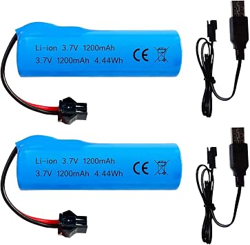 1200mah 3.7V Rechargeable Battery SM-2P Plug with USB Charger for RC Car RC Trucks Toy Robots Bazooka Rocket Bubble Gun Battery Replacement 2 Pack