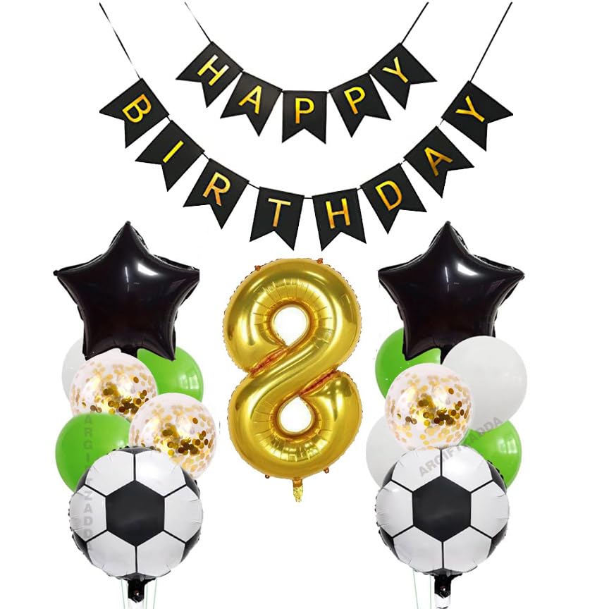 Image of 8th Happy Birthday 4D Football Foil Balloon Black White Green Balloons Kit for Boys Girls Soccer World Cup Theme Party | AR GIFTZADDA (8th Bday kit, Football Foil)