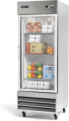 PEAKCOLD Refrigerador comercial de una sola puerta de vidrio, 23 pies cúbicos, 29 "W Acero inoxidable Reach-In Vertical Refrigerador, Estantes