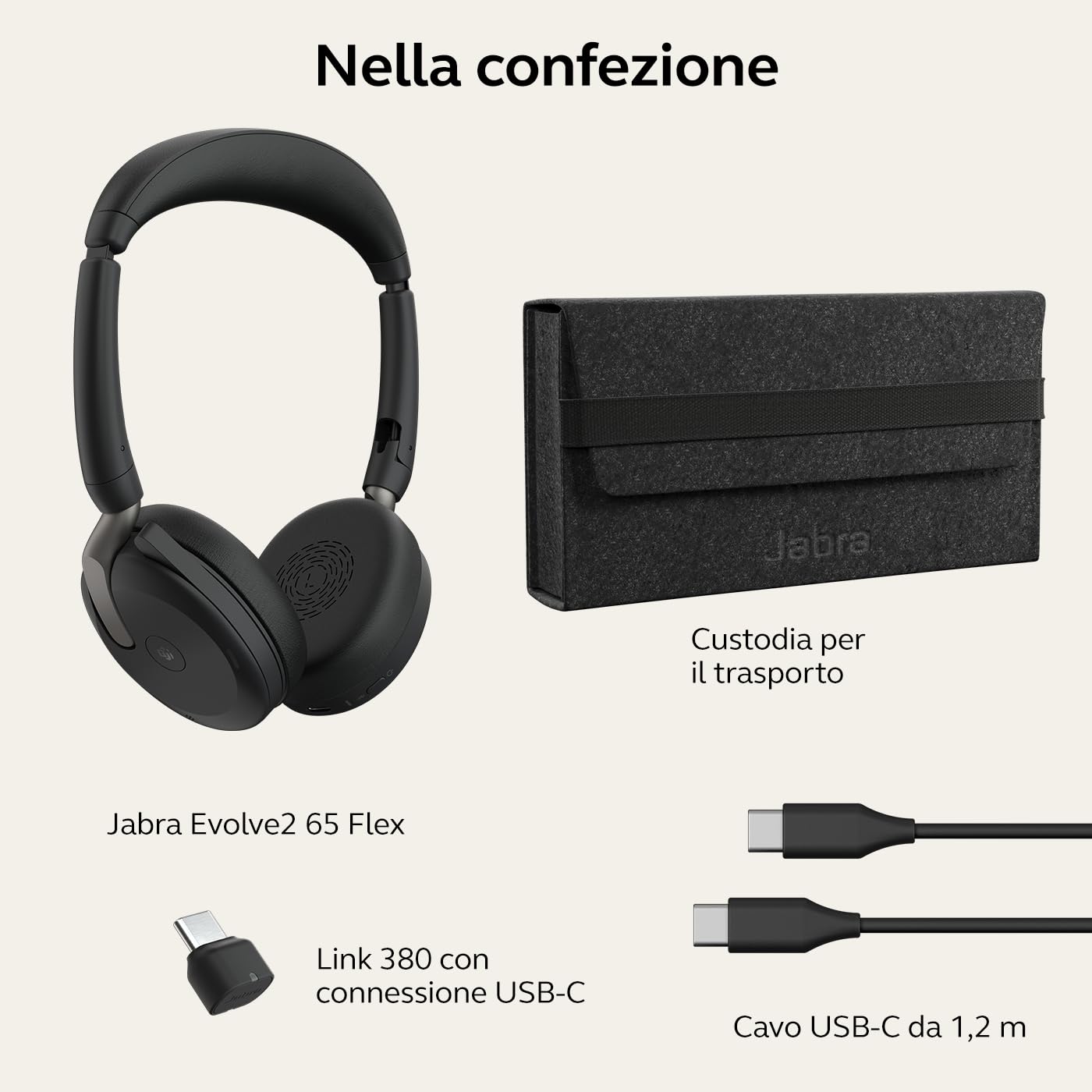 Jabra Evolve 2 65 Flex Cuffie Stereo Wireless Bluetooth, tecnologia di cancellazione del rumore Jabra ClearVoice e ANC ibrida Certificate per MS Teams Nero