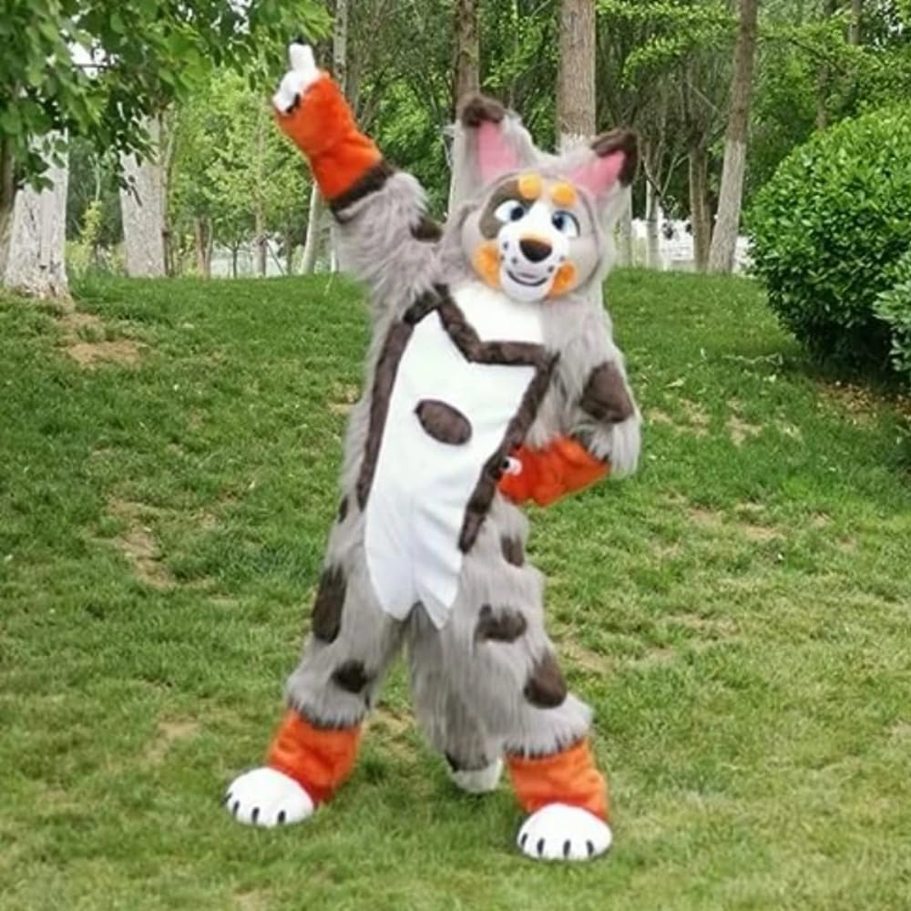 Cartoon Mascot Grey Fox Dog Husky Costume Adult Character