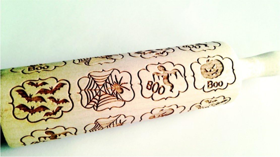 Rolling Pin HALLOWEEN WINDOWS. Embossing Rolling Pin with Halloween symbols, Spider, Bat, Pumkin. Wooden Laser Cut Rolling Pin for Halloween cookies, play dough, salt dough by Algis Crafts