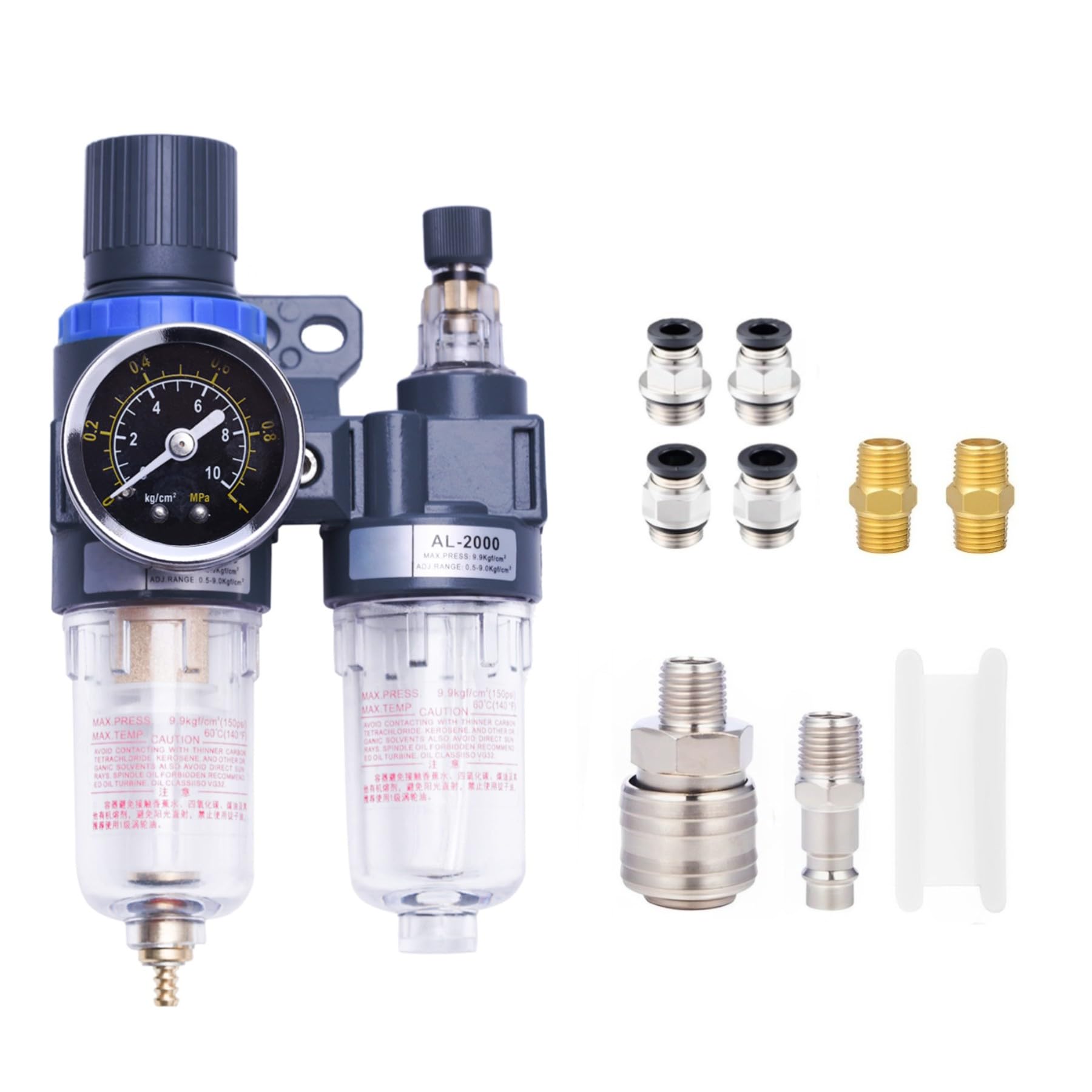 Compressed Air Water Separator with Oil Mist, Pressure Regulator for Compressor, 1/4 Inch Filter with Quick Coupling