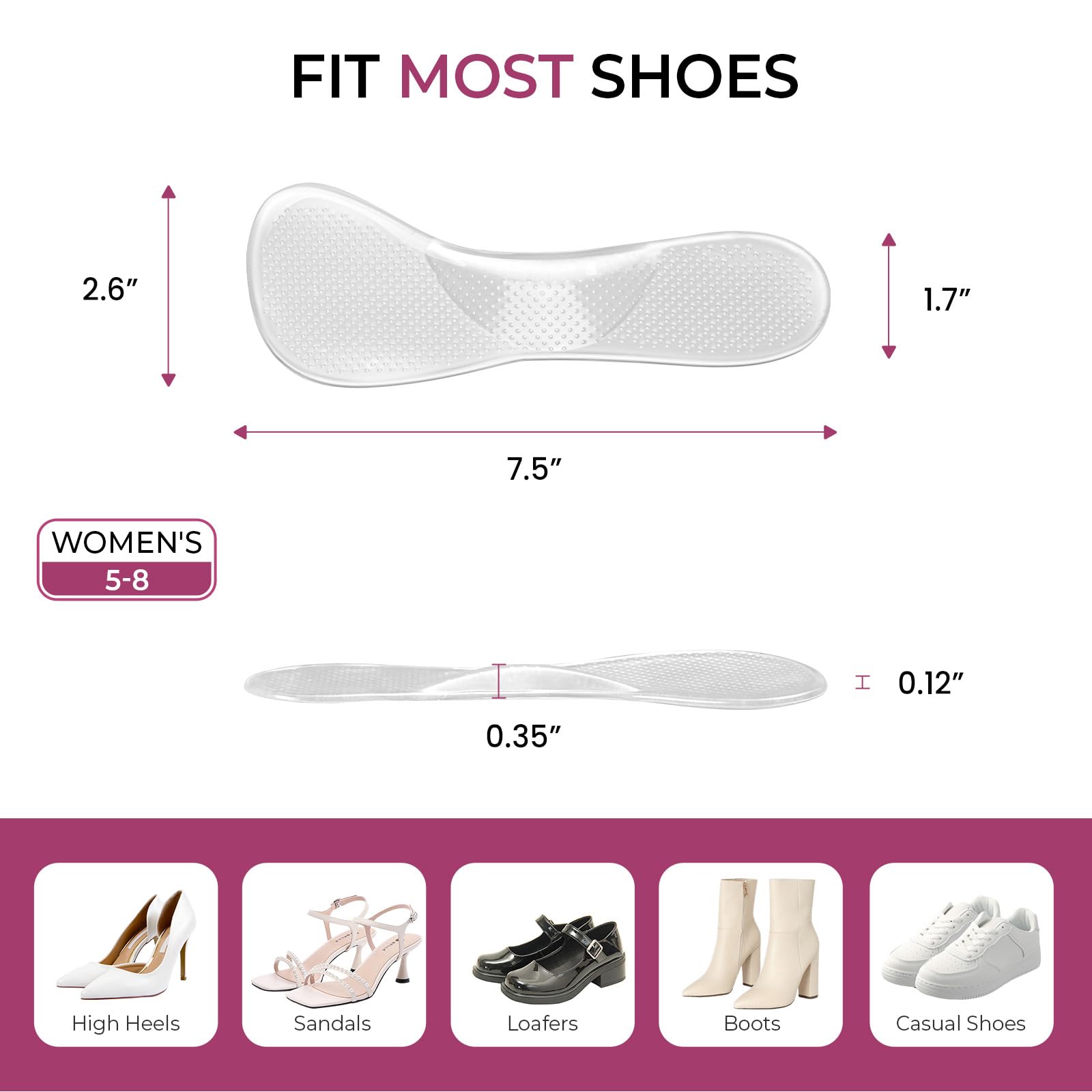Welnove Plantillas gel Mujer 3/4 Almohadillas suaves para aliviar dolor fatiga 2 pares Sandalias tacón alto Pies planos Fascitis plantar
