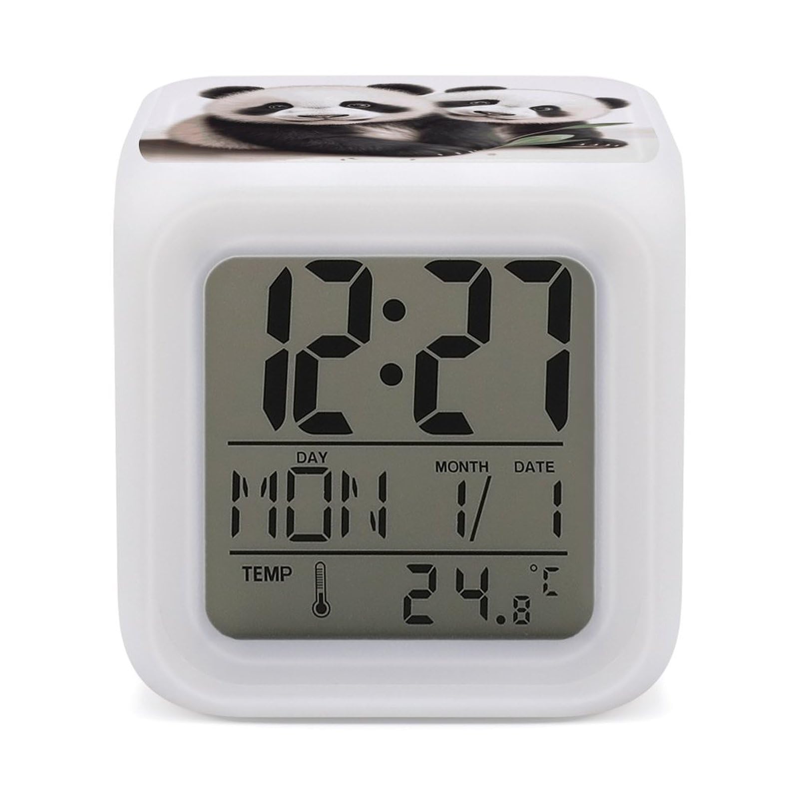 JTREHY 7 Color Changing LED Digital Alarm Clock,Baby Pandas Printed Wake-up Clock with Temperature Display Home Decoration Alarm Clock for Bedroom Office