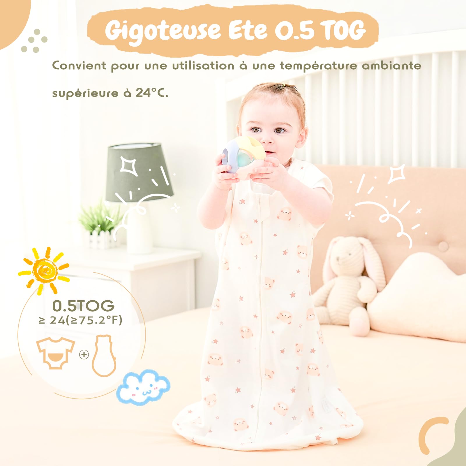 0.5 Tog Gigoteuse, 2Pcs Gigoteuse Ete pour Bébé, 100% Coton Turbulette Ete sans Manches Respirant Taille Réglable Gigoteuse pour Bébé 6-18 Mois (65 cm-85cm,2Pcs)