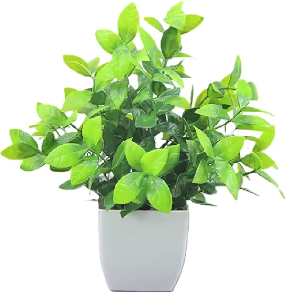 Planta Artificial Decorativa com Vaso Branco, 21 x 19 cm, Folhas Verdes