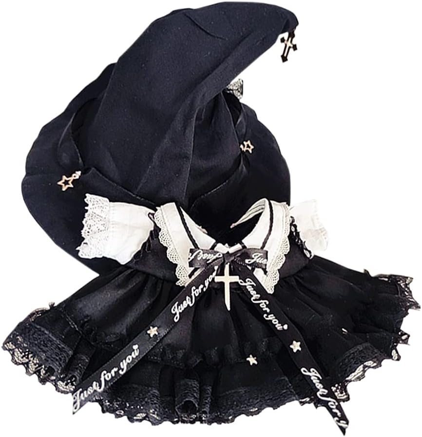 niannyyhouse 7.8in/20cm Plush Doll Clothes Hat + Dress 2-Piece Set Black Magic Hat Mesh Lace Dress