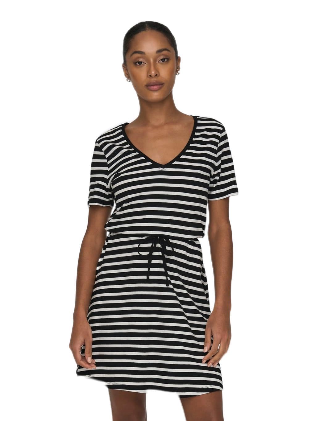 ONLY Female Dress Normal Cut V-Neck Short Dress XS Black/ Cloud Dancer