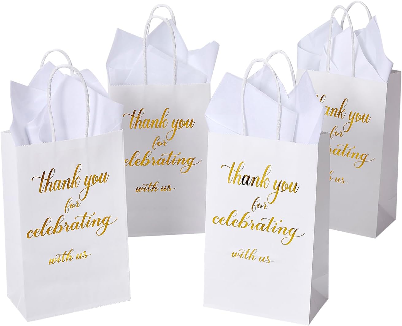 DjinnGlory 50 Pack Small White & Gold Foil Thank You Paper Gift Bags with Tissue Paper for Weddings Bridal Shower Party Favors, Thank You for Celebrating with Us Wecome Gift Bags, 9 x5.5x3.15 Inch - Image 7