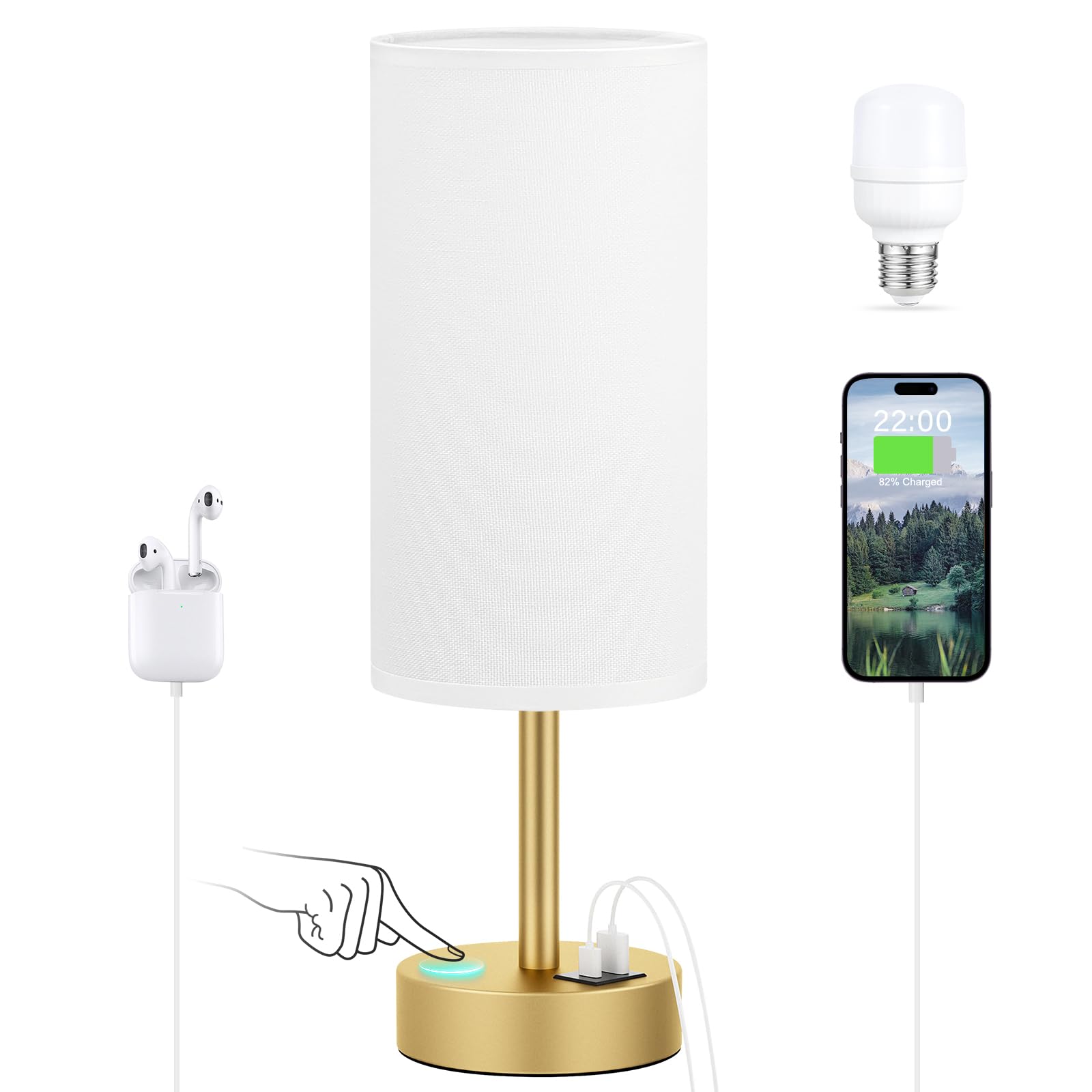 Dicoool Small Touch Bedside Lamp with USB - 3 Way Dimmable Table Lamp for Bedroom, Nightstand Lamp with Gold Charging Station for Desk Dorm, Office