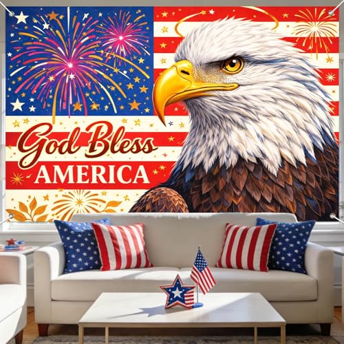 Image of IVN Patriotic Eagle Banner 71x43 Inch 4th of July Veterans Day Memorial God | Polyester Patriotic Eagle 4th of July Veterans design for 4th of July Independence Day Memorial Day and Veterans Day decor