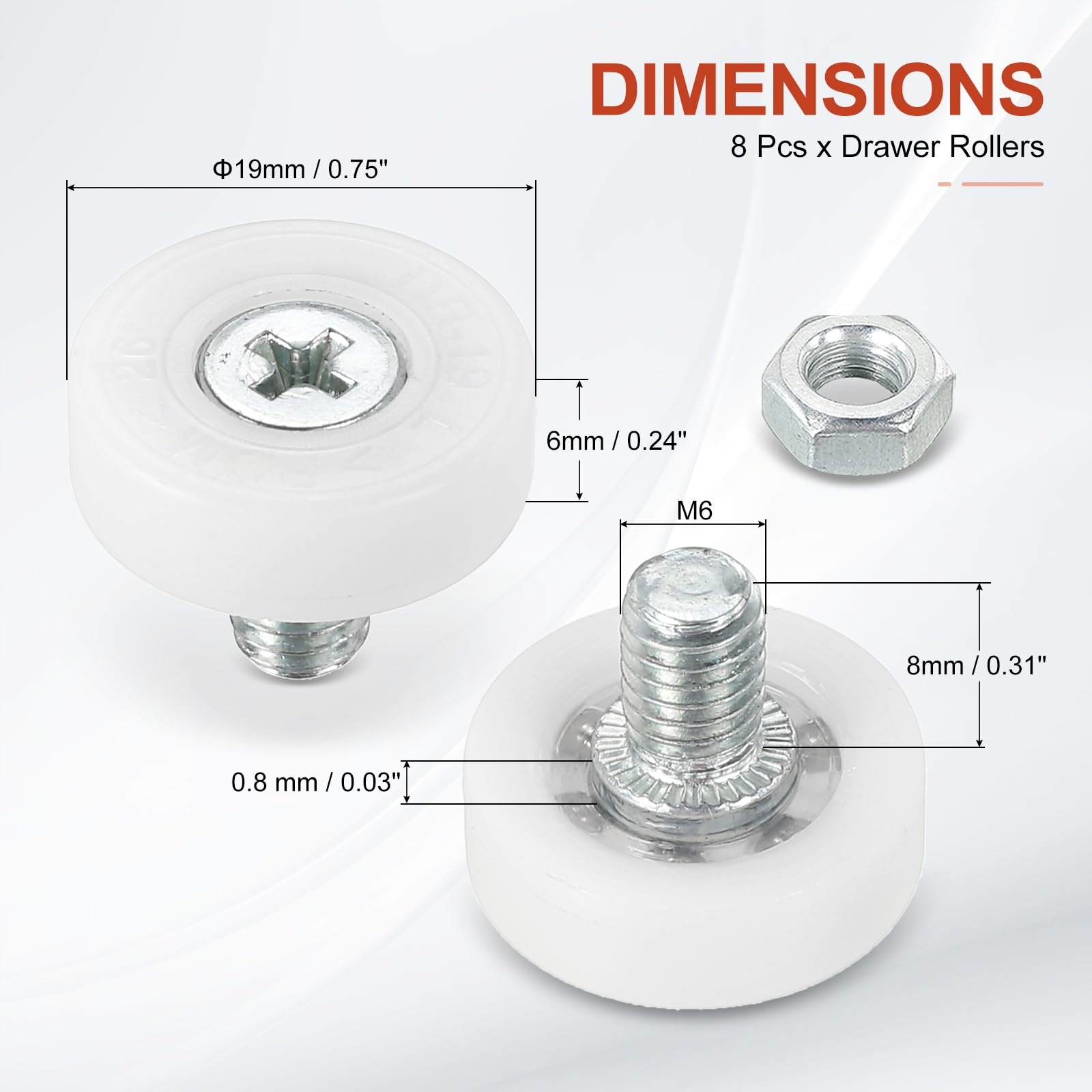 MECCANIXITY Drawer Rollers Nylon Cabinet Drawer Pulley Replacement Wheels Bearing 19mm Drawer Positioning Roller Slide Guides with Nuts for Furniture Parts Cupboard Wardrobe Pack of 4