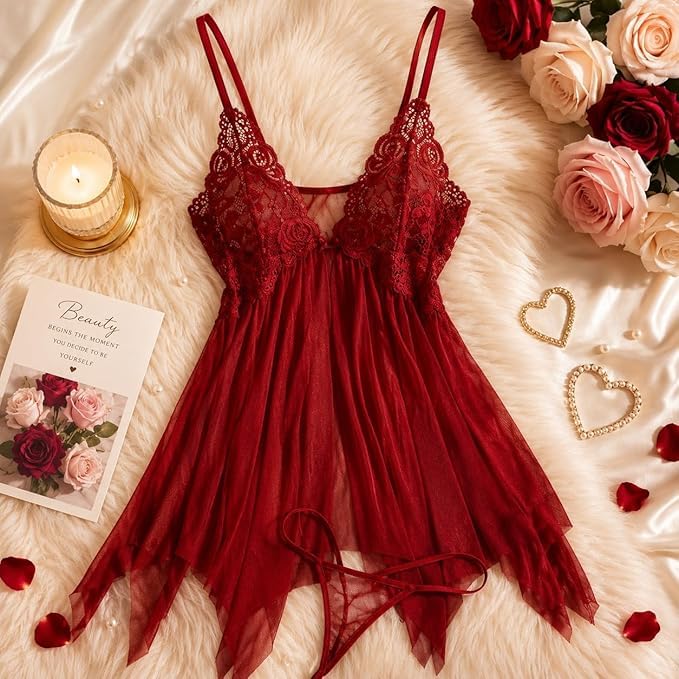 Image of KAIDAA Lingerie for Women | Sexy Hot Lace Babydoll Nightwear Set with Panty | Honeymoon Lingerie Set | First Night Dress for Women | Romantic Bridal Sleepwear (Fits 24-38 Size)
