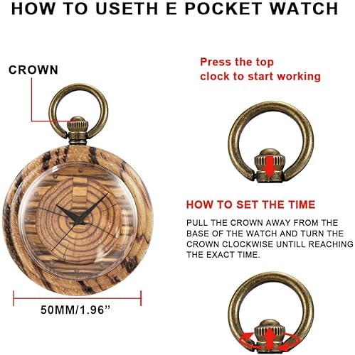 Miniatura 7 de Tiong Relojes de bolsillo de madera para hombre, hecho a mano, de madera de bambú, analógico, de cuarzo, con cadena, regalo para el día del padre