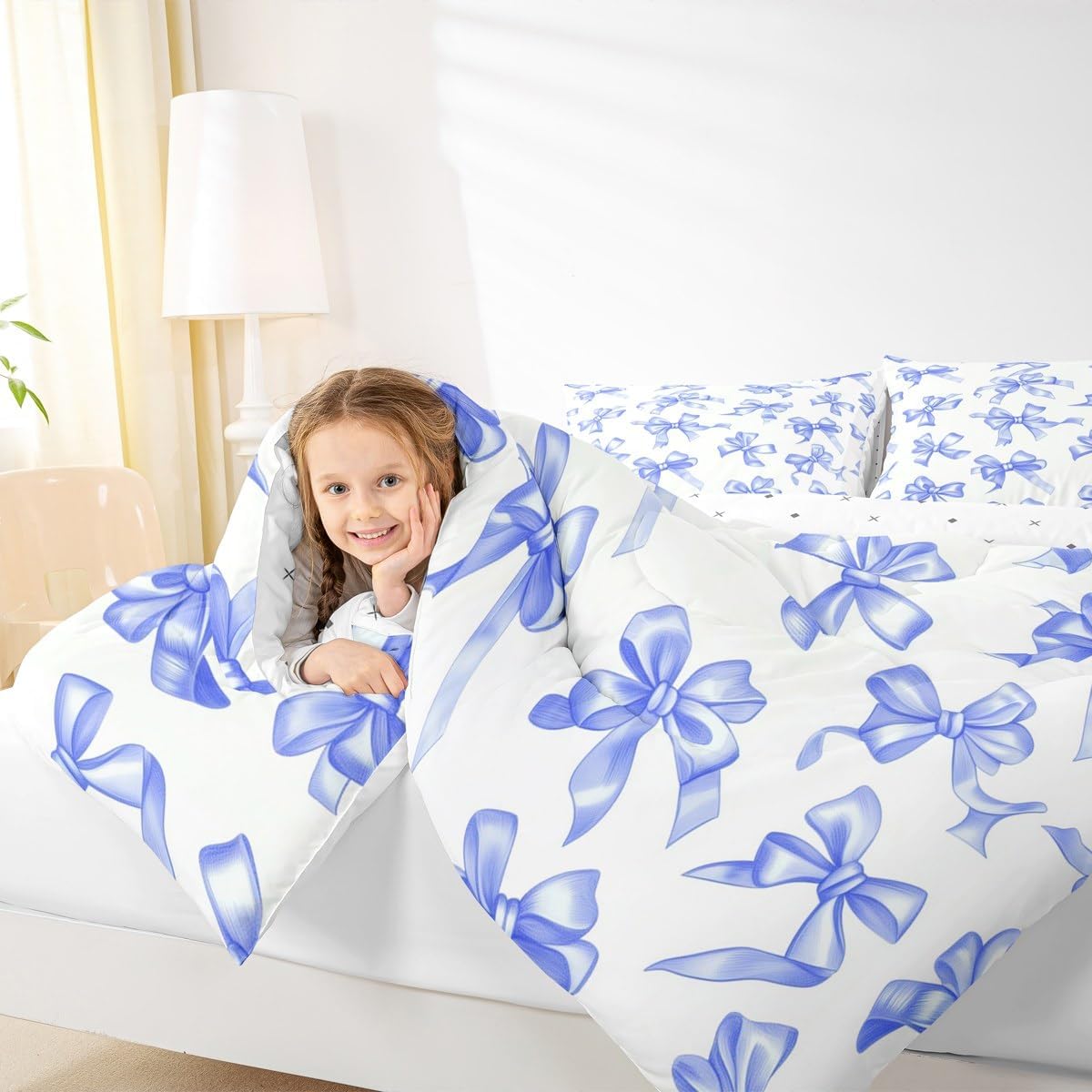 Girly Bowknot Kids Bedding Sets 3D Bow Tie Gradient Print Reversible Comforter for Boys Watercolor Cute Princess Style Quilt Set Soft Duvet Insert,1 Pillowcase Toddler Size