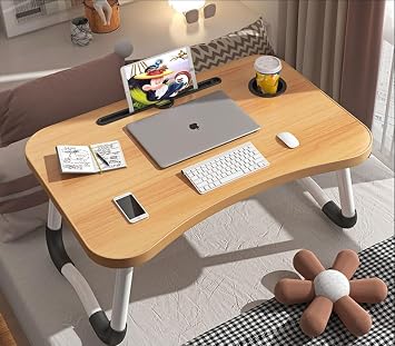 Laptop Bed Table Lap Standing Desk, Sofa Breakfast Bed Tray Folding Laptop Lap Desk Cup Holder Notebook Stand Legs 60 * 40 * 26cm Brown