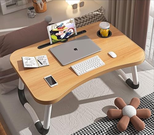 Laptop Bed Table Lap Standing Desk, Sofa Breakfast Bed Tray Folding Laptop Lap Desk Cup Holder Notebook Stand Legs 60 * 40 * 26cm (Brown)