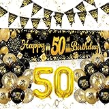 Palloncini 50 Anni Compleanno, 50 Anni Decorazioni Oro Nero, Festone Buon Compleanno, Feste di Compleanno Sfondo Fotografico Tessuto, Compleanno 50 Anni per Donna Uomo
