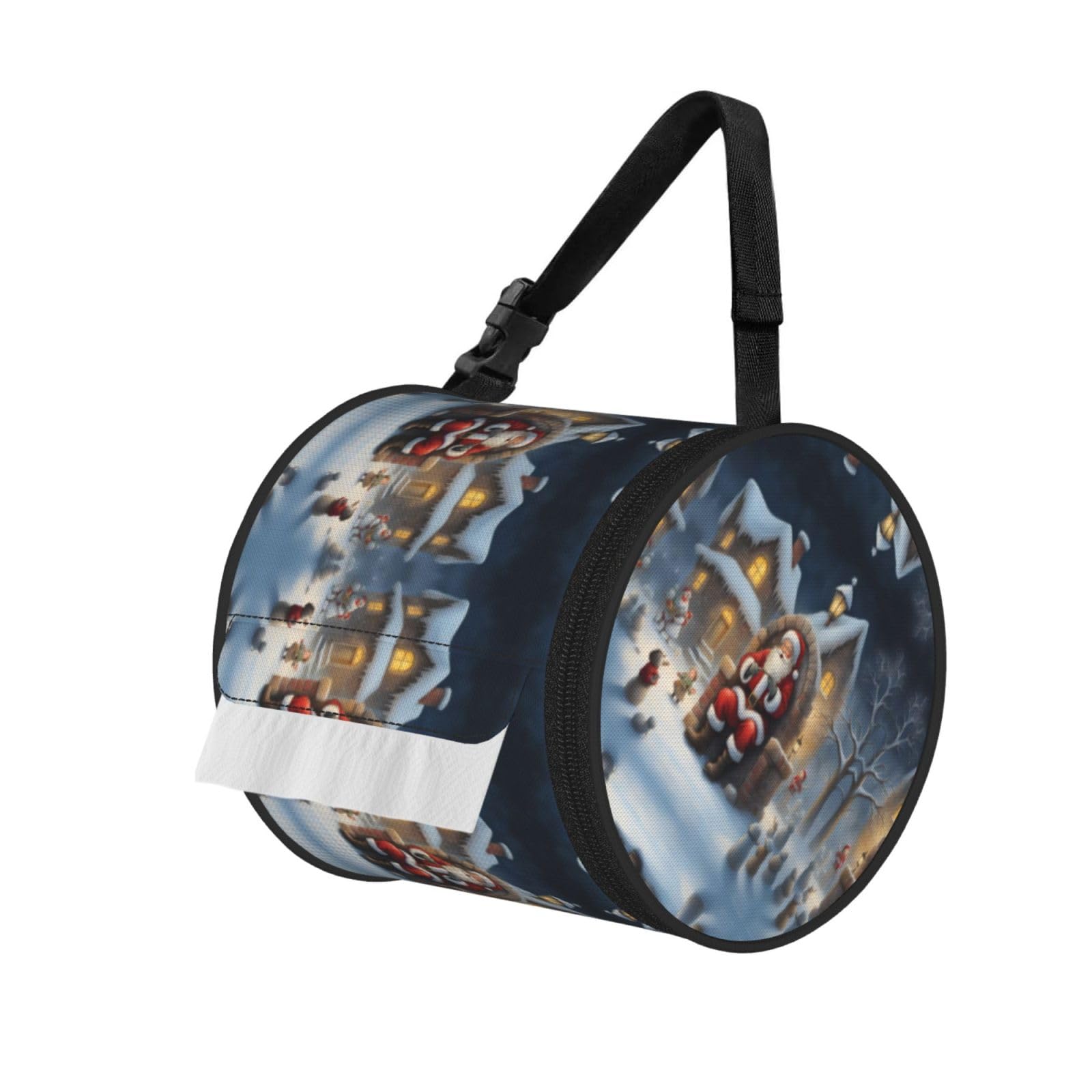 Jiuty Black Santa Claus Snow Secenry Print Cylinder Tissue Organizer Bag With Strap, Portable Toilet Roll Holder For Camping Car