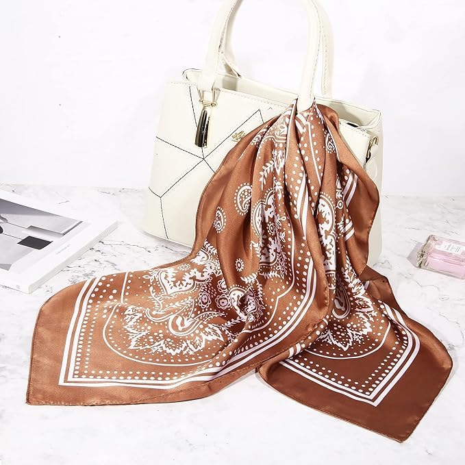 2 Pieces 27'' Square Satin Head Scarves Satin Bandanas for Women Headband Scarves Silk Feeling Scarf Boho Headwear3