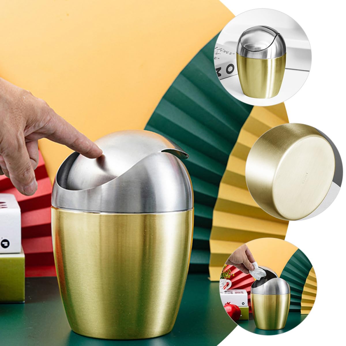 Small Desktop Trash Can with Lid, Gold Counter Waste Basket for Office Bedroom, Compact Covered Desktop Garbage Bin for Home Storage and Organization