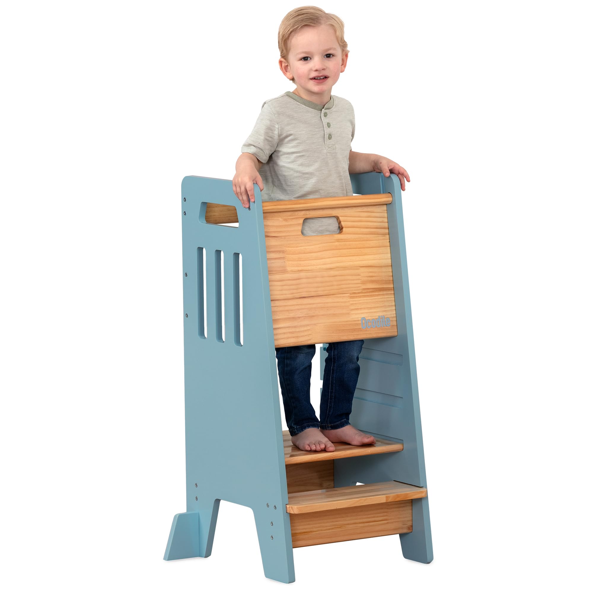 Toddler Tower with a Sliding Door and 3 Adjustable Heights - Complete Toddler Kitchen Stool Helper with Support Feet - Safe Design for 18+ Months to 6-Year-Old Kids - Blue