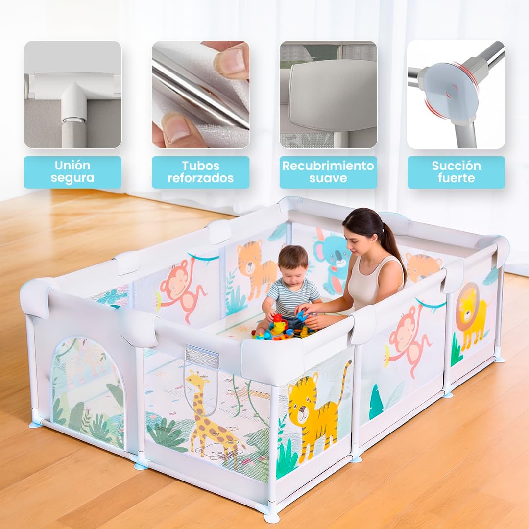 Parc pour bébé de la Selva 150 x 180 cm – Parc bébé avec maille respirante – Parc pliable antidérapant tapis rembourré + 4 poignées + sac de transport