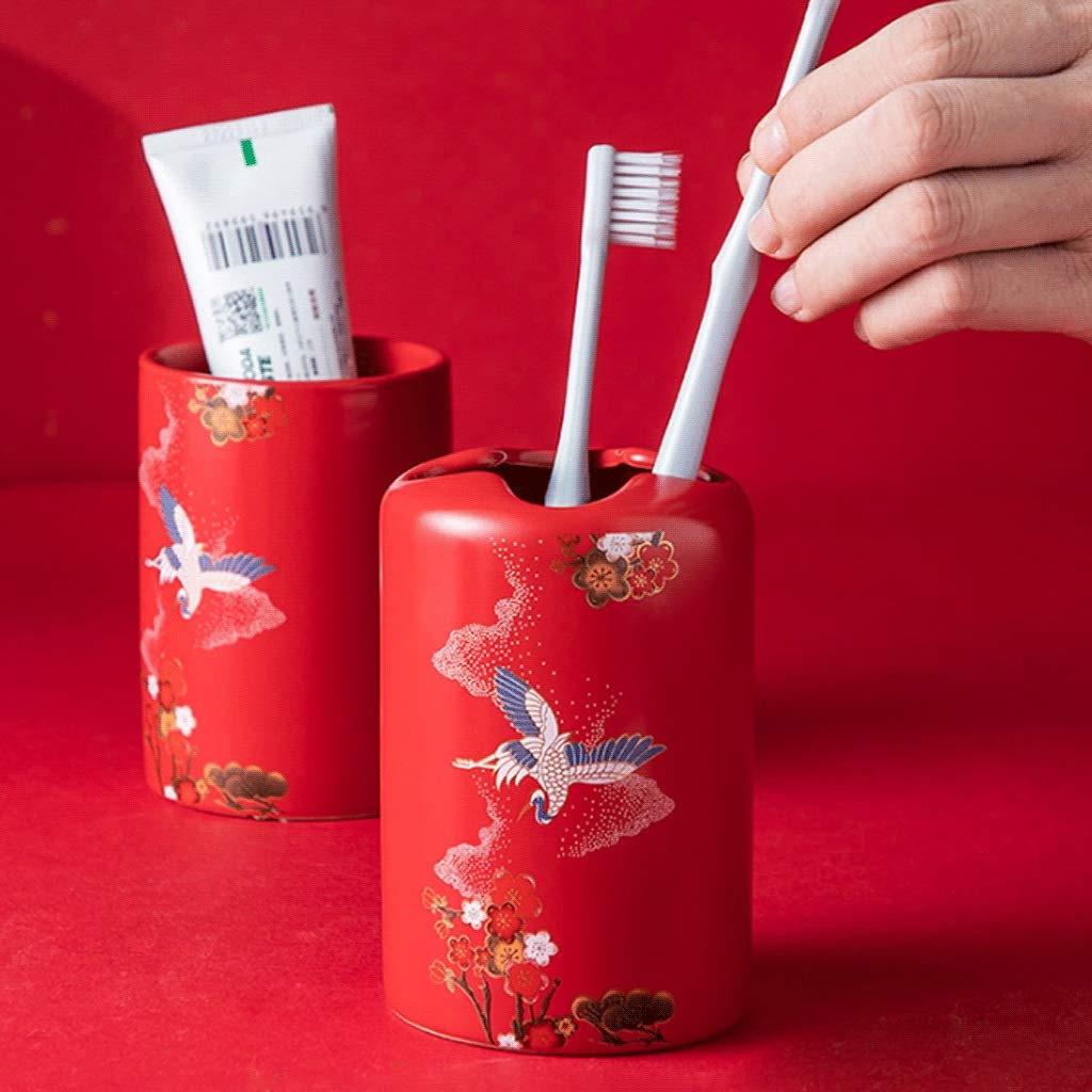 Juego de 5 accesorios de baño de cerámica con bomba de loción roja/dispensador de jabón, soporte para cepillo de dientes, jabonera, etc