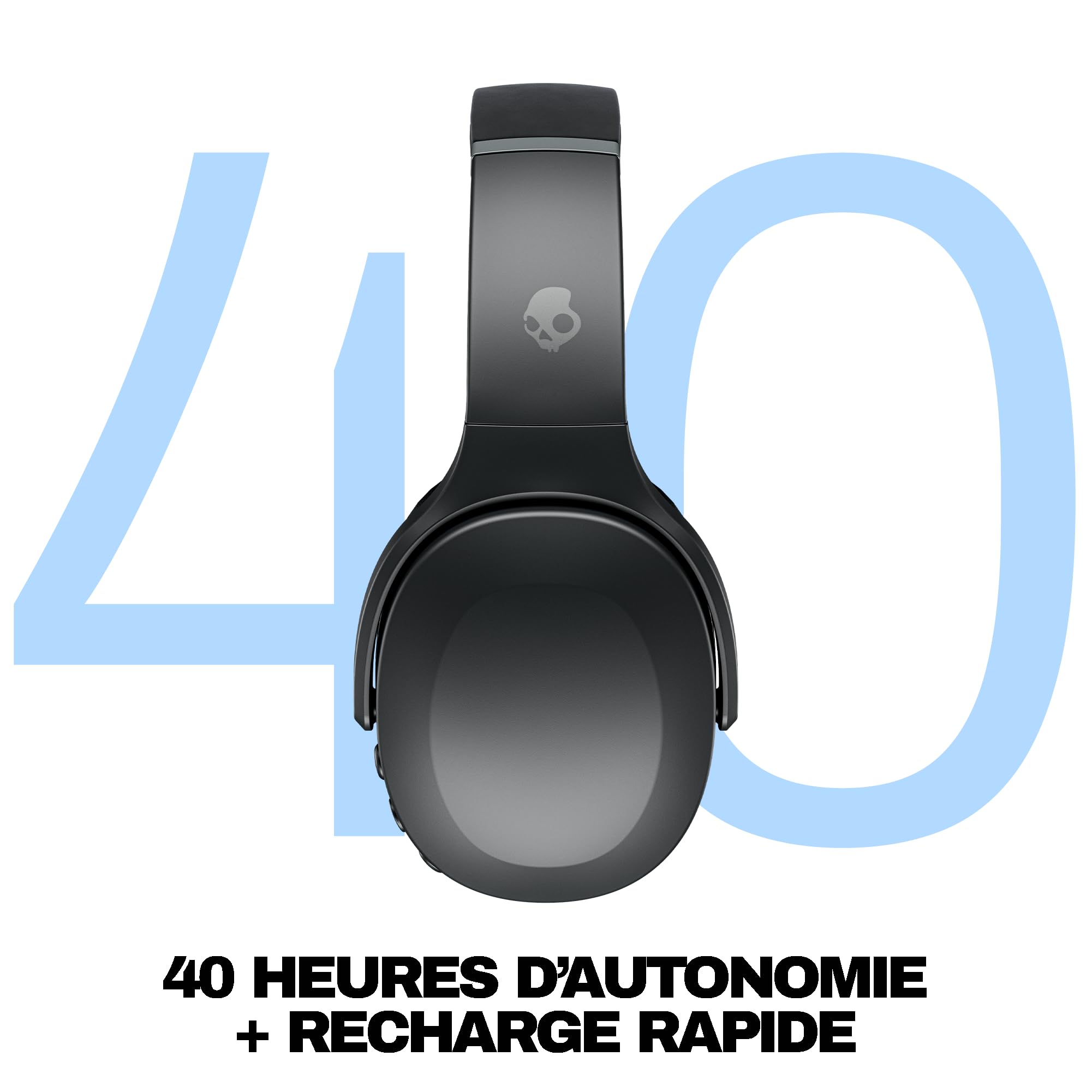 Skullcandy Crusher Evo Casque sans Fil Bluetooth, Câble de Recharge USB-C Supplémentaire, Basses Multisensorielles, Circum-Auriculaire, Isolation du Bruit, 40 Heures d'Autonomie - Noir
