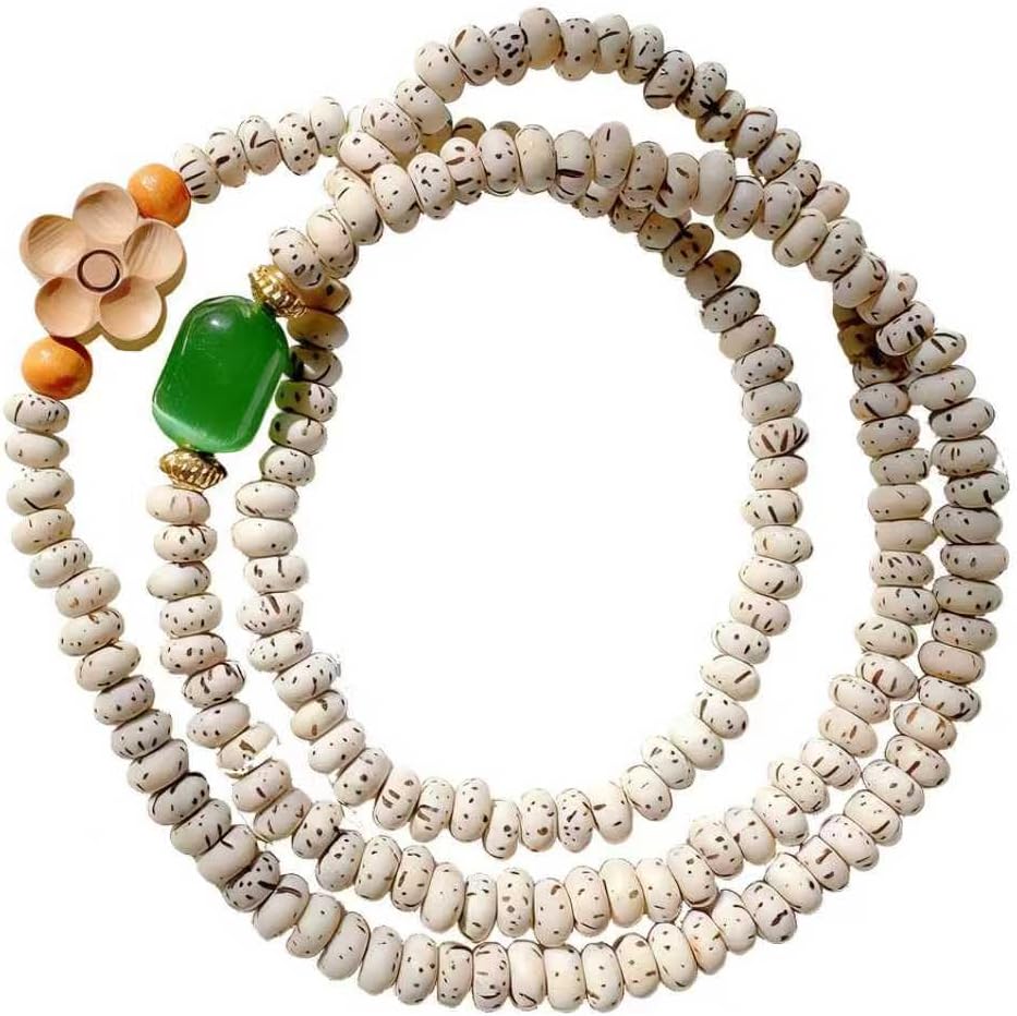 Awala 177-Count 2mm Cream & Black Speckled Bodhi Seeds Mala Bracelet, 19.78 Inch Unisex Meditation Wrist Wrap for Good Luck & Daily Calmness