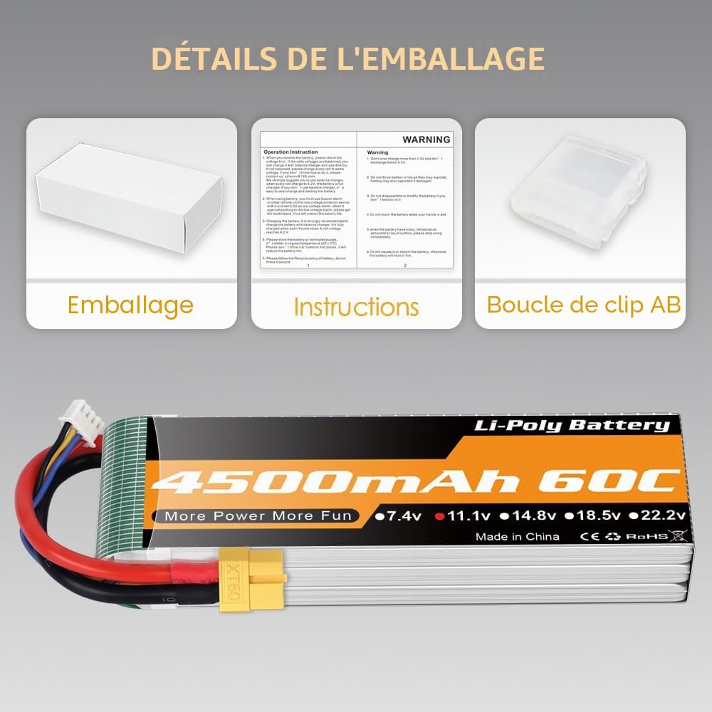 Batterie LiPo 3S 4500mAh 11.1V 60C Prise XT60 pour RC Voiture Drone 2pcs