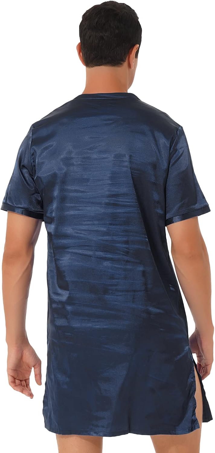Alvivi Men's Satin Nightgown V Neck Short Sleeve Sleepwear Homewear Sides Split Pajama Tops Nightshirt