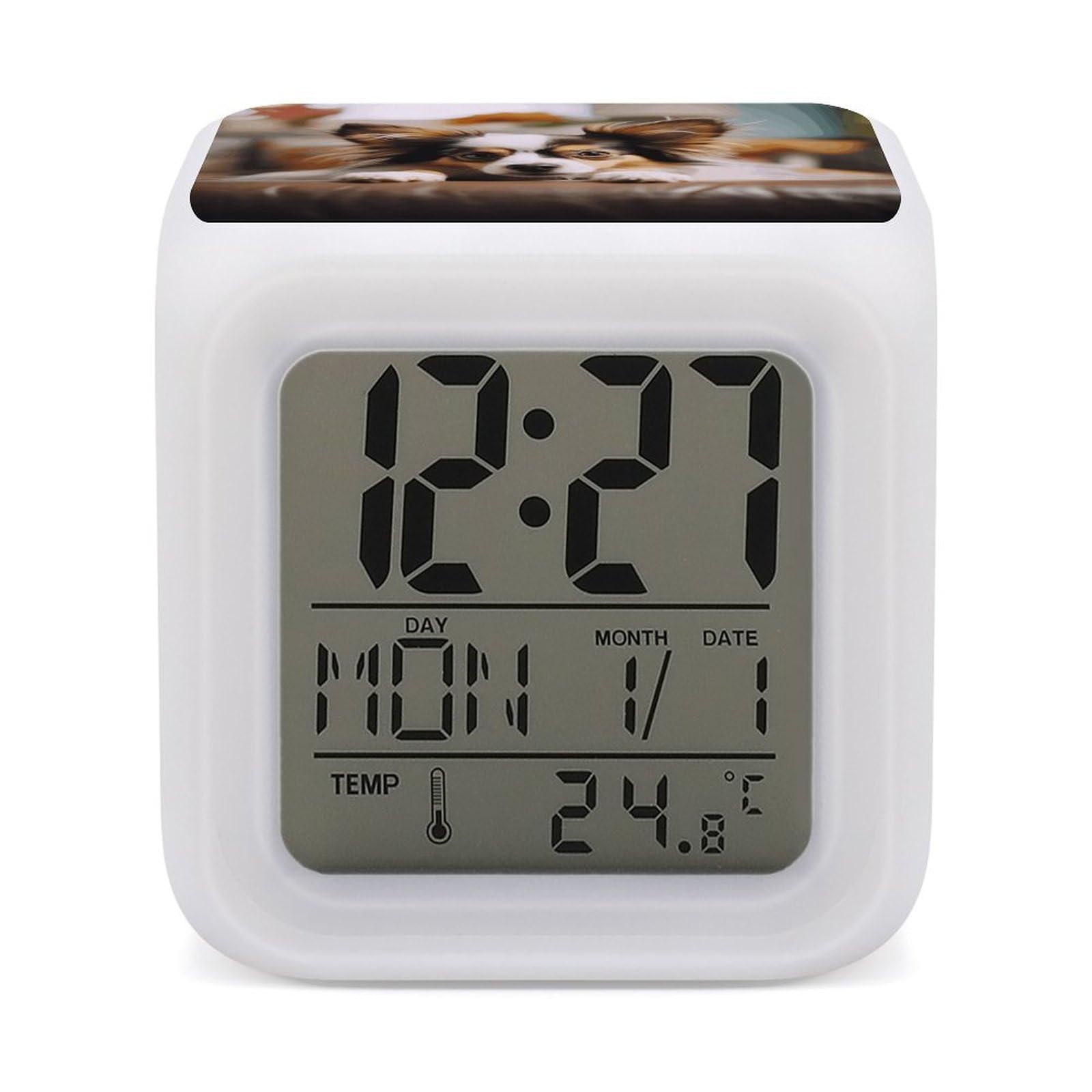 VstaDank Papillon Lying on Tummy Alarm Clocks with 7 Color Changing Night Light Exquisite Bedroom Digital Clocks with LED Temperature Display Desk Clock Ok to Wake Clocks for Heavy Sleeper