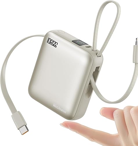 Hichain Cargador portátil de batería, batería esencial de viaje de 10000 mAh, 22.5 W, con cables USB C integrados, cargador de teléfono mini de