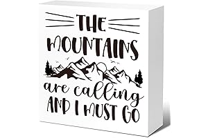The Mountains Are Calling and I Must Go Wood Block Sign Camping Desk Decor