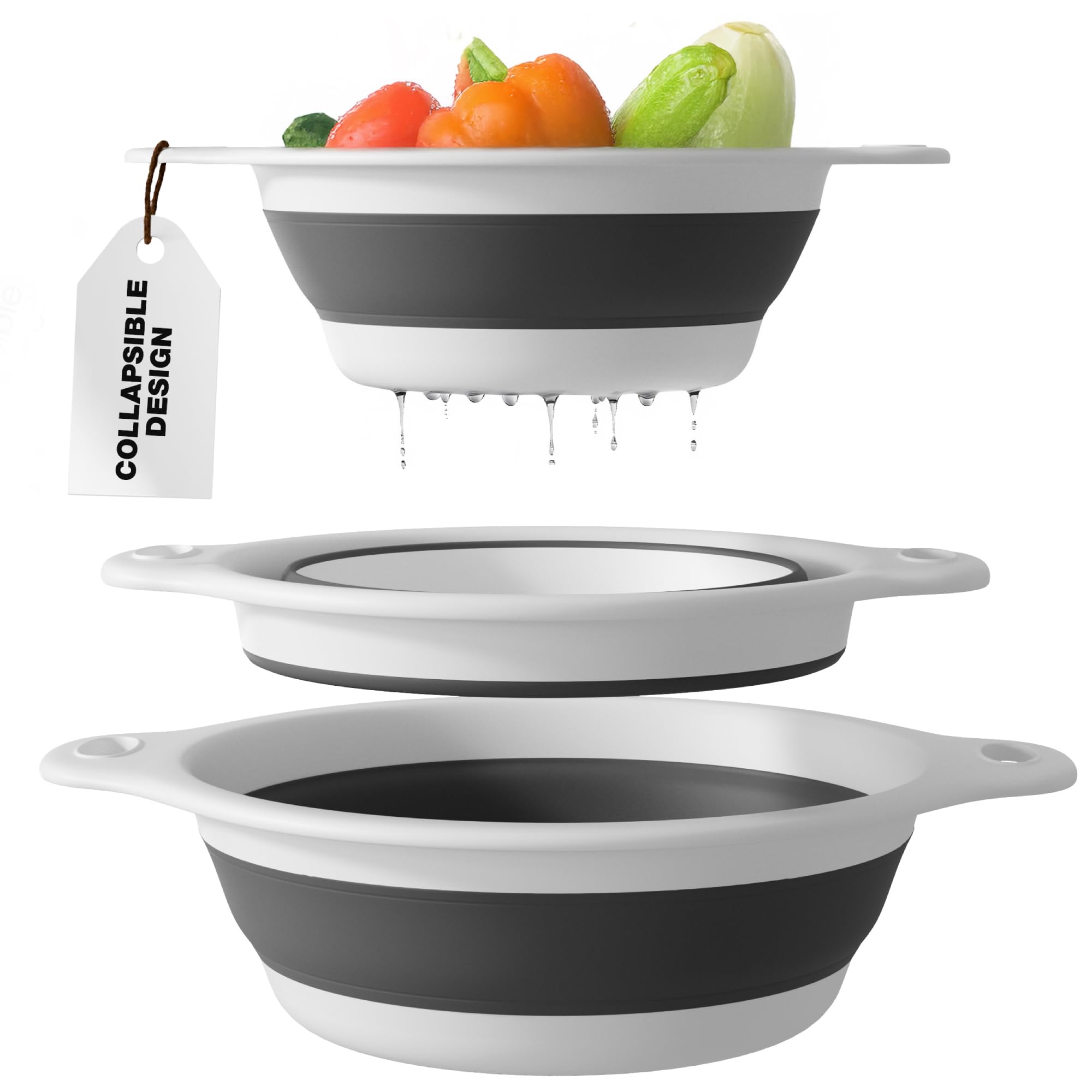 Gevoli Coladores plegables (juego de 3) coladores de alimentos con base de drenaje para frutas y verduras de pasta, color blanco (3 tamaños: 3/4 galón, 4/5 galón)