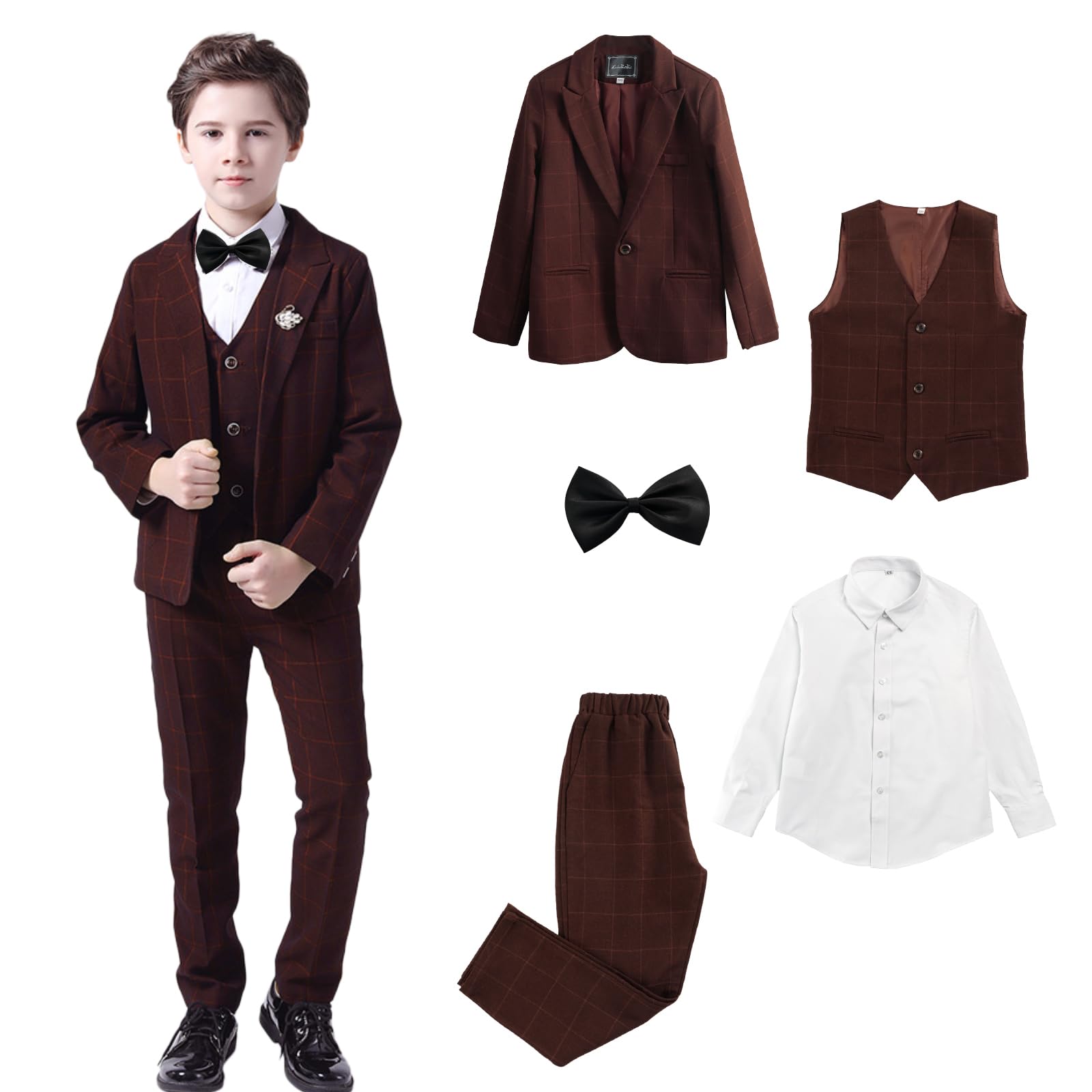LOLANTA 5-teiliges Jungen Anzug Set, Karierter Festlicher Anzug für Hochzeit Geburtstag mit Blazer, Weste, Hose, Hemd und Fliege, 3-12 Jahre
