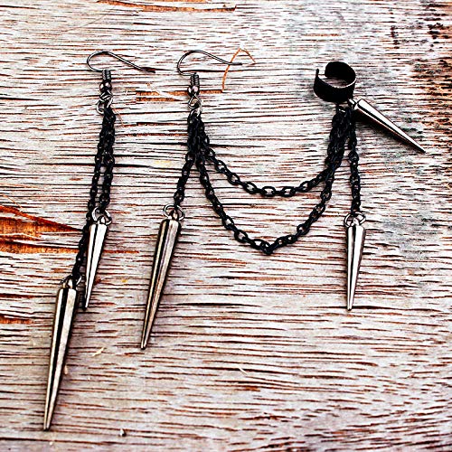 Damleng Lightweight Unique Black Punk Long Tassel Chain Ear Cuff Earrings 316L Stainless Steel Vintage Barrel Nails Crawler Climer Dangle Drop Earrings For Men Women Unisex (Black) #TOP7