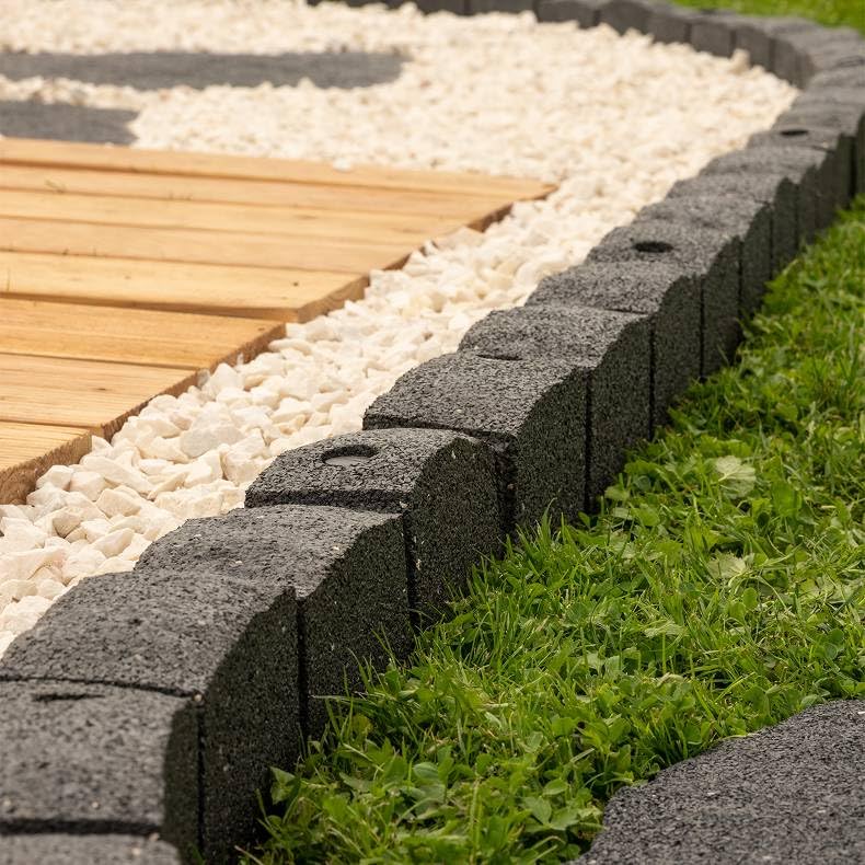 Garden Border Roman Castle Stone - Rubber Landscape Edging Section for Grass Lawns - Pathways - Grey - 4 x 1.20m Lengths