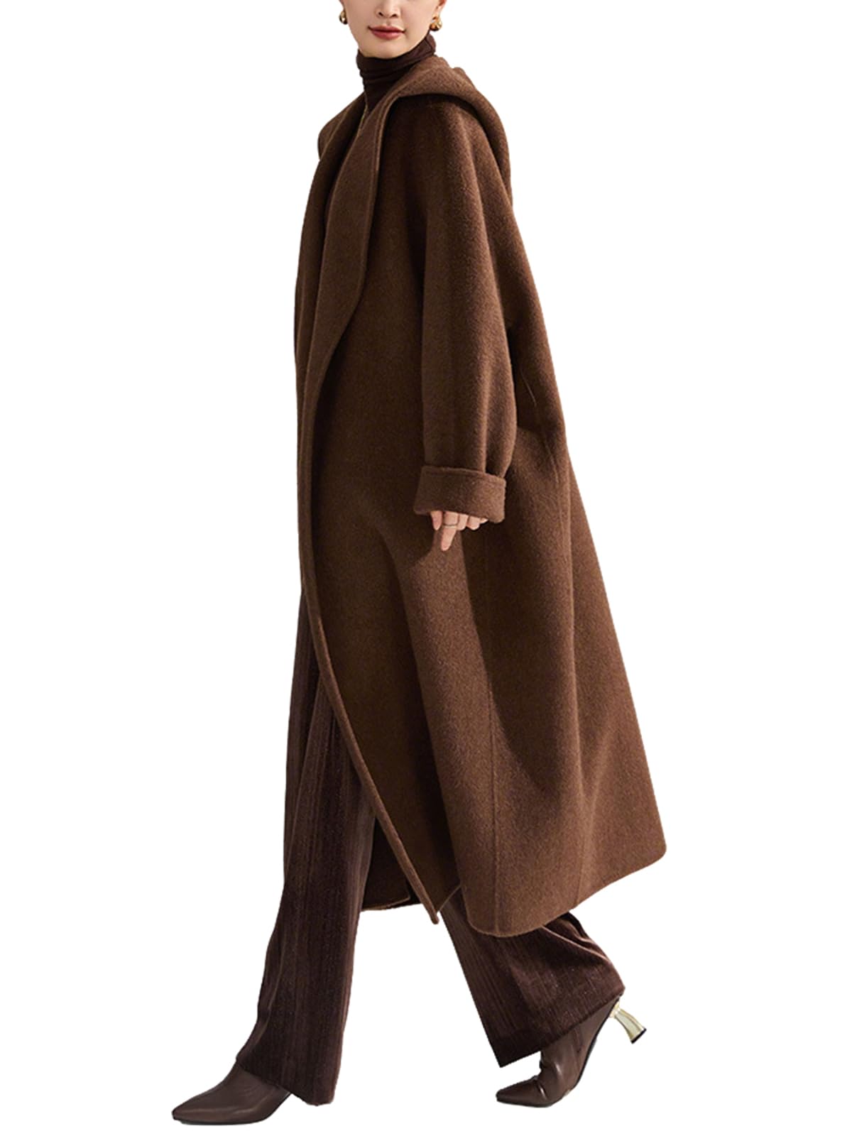 utcoco Womens Winter Belted Wool Coat Lapel Collar Pea Coat Open Front Long Wool Trench Coat with Hood