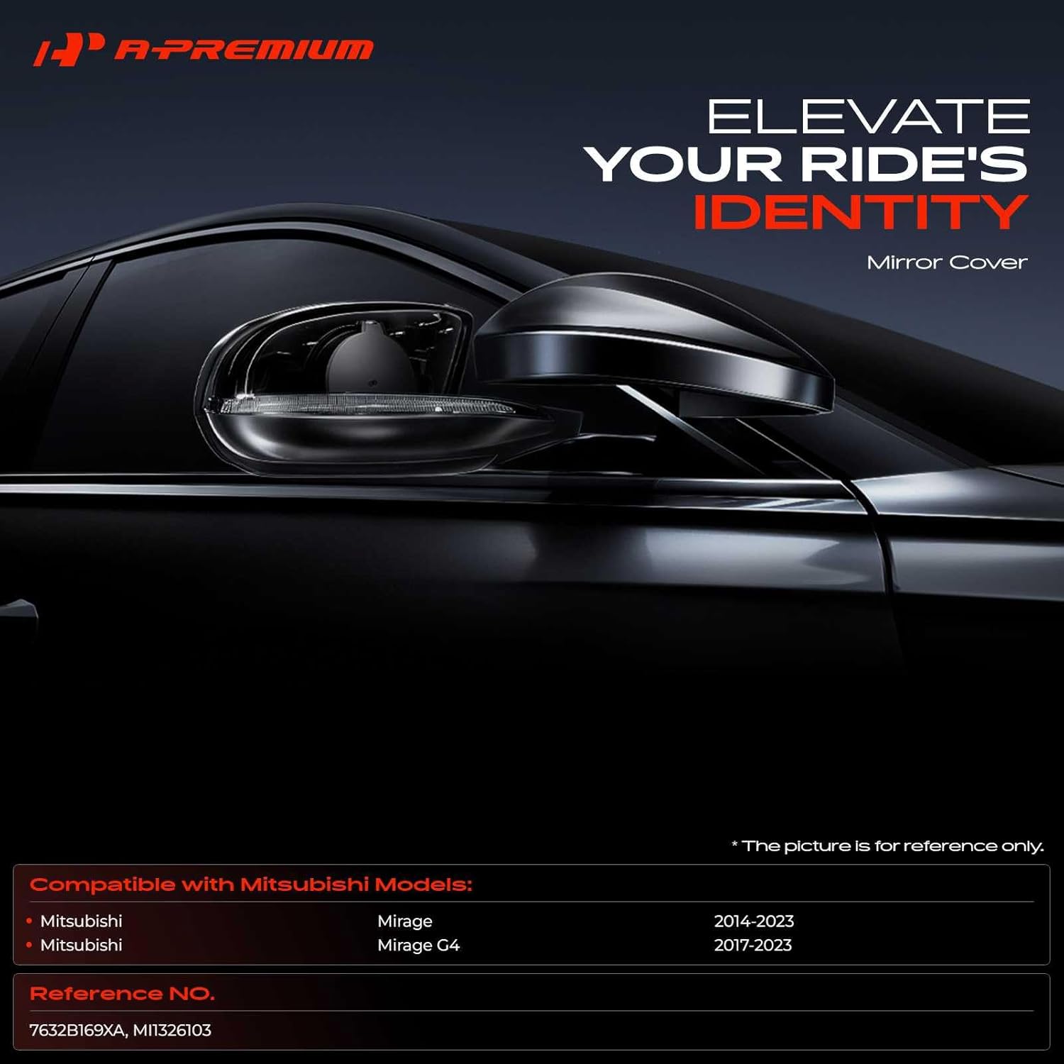 A-Premium Driver Side Rearview Mirror Cover Cap - Compatible with Mitsubishi Mirage 2014-2023, Mirage G4 2017-2023 - Smooth Black, Without Turn Signal Hole